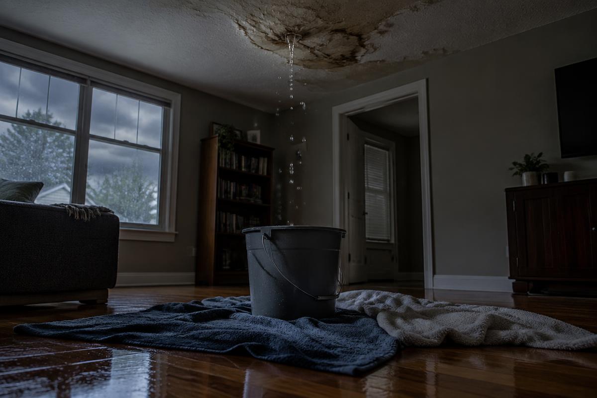 Bucket and towels catching water from a wet ceiling stain