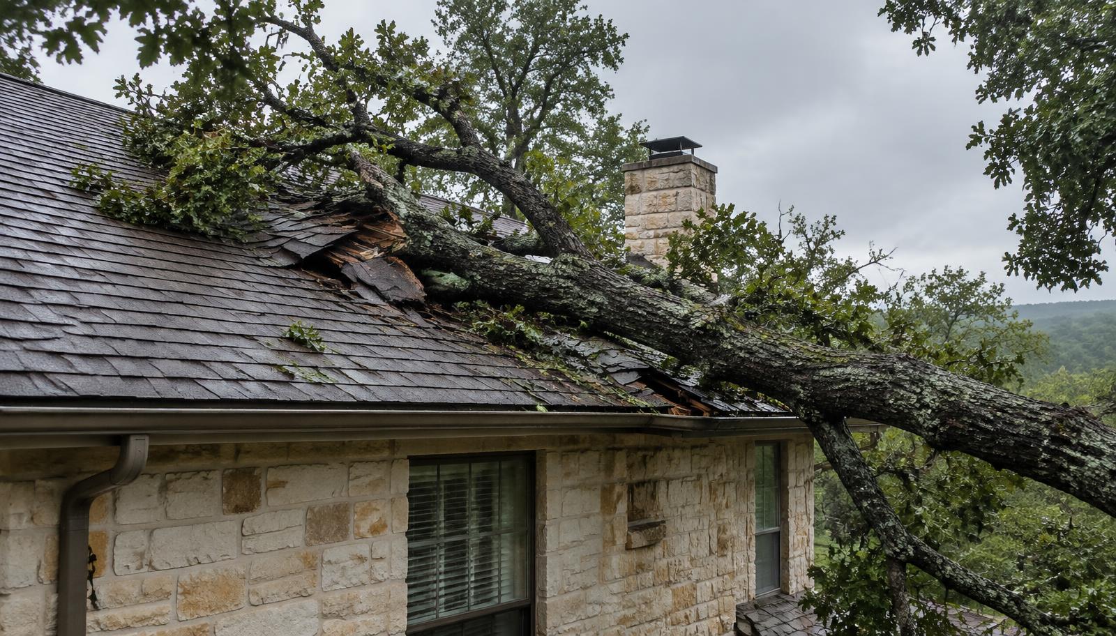 Oak limb fallen on a stone house roof after a New Braunfels storm