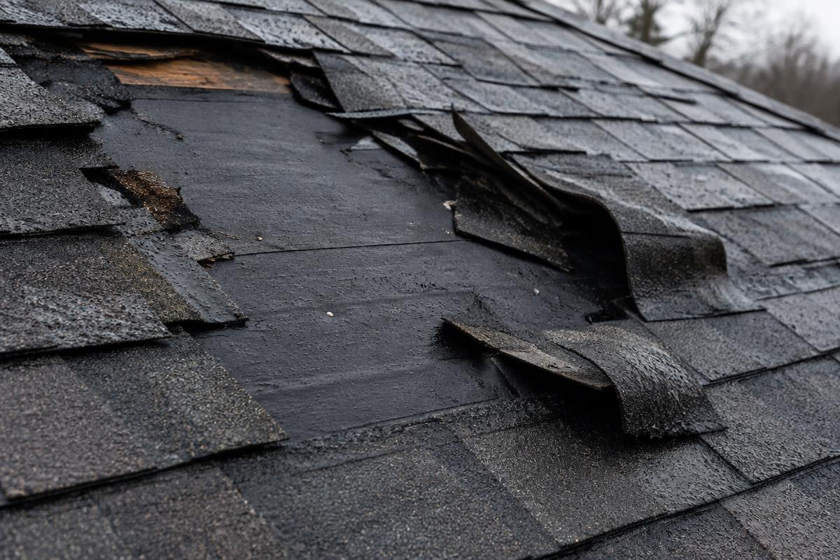 Shingles torn off by wind showing the underlayment