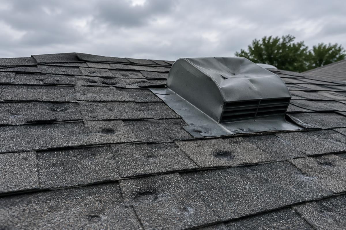Hail-bruised asphalt shingles and a dented roof vent on a Texas home