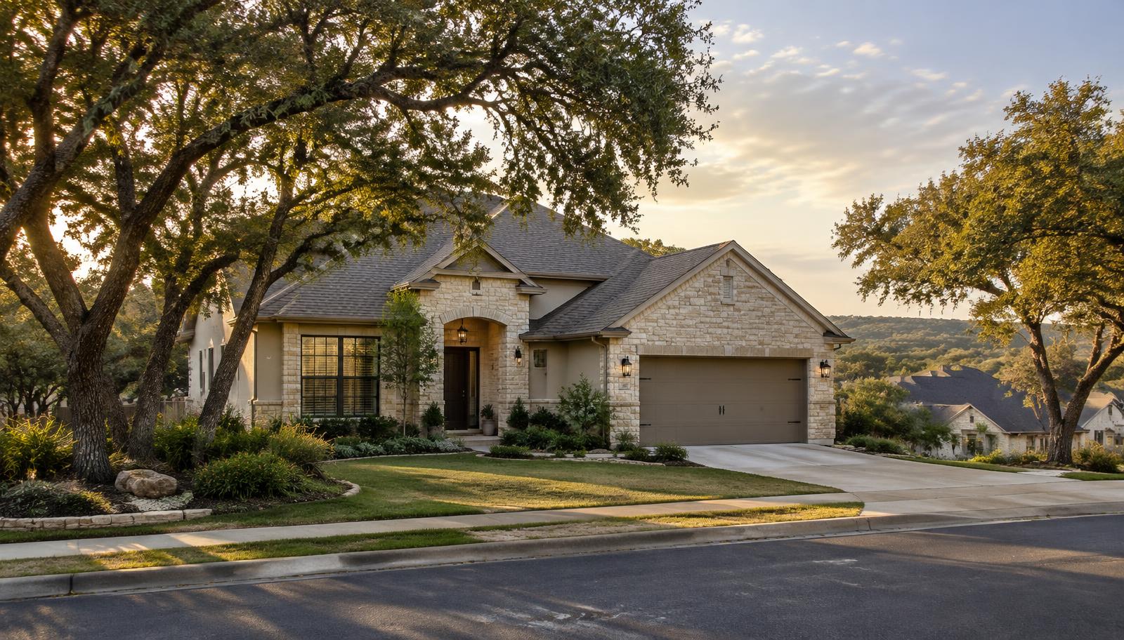 Limestone and shingle home under live oak trees in San Marcos, Texas