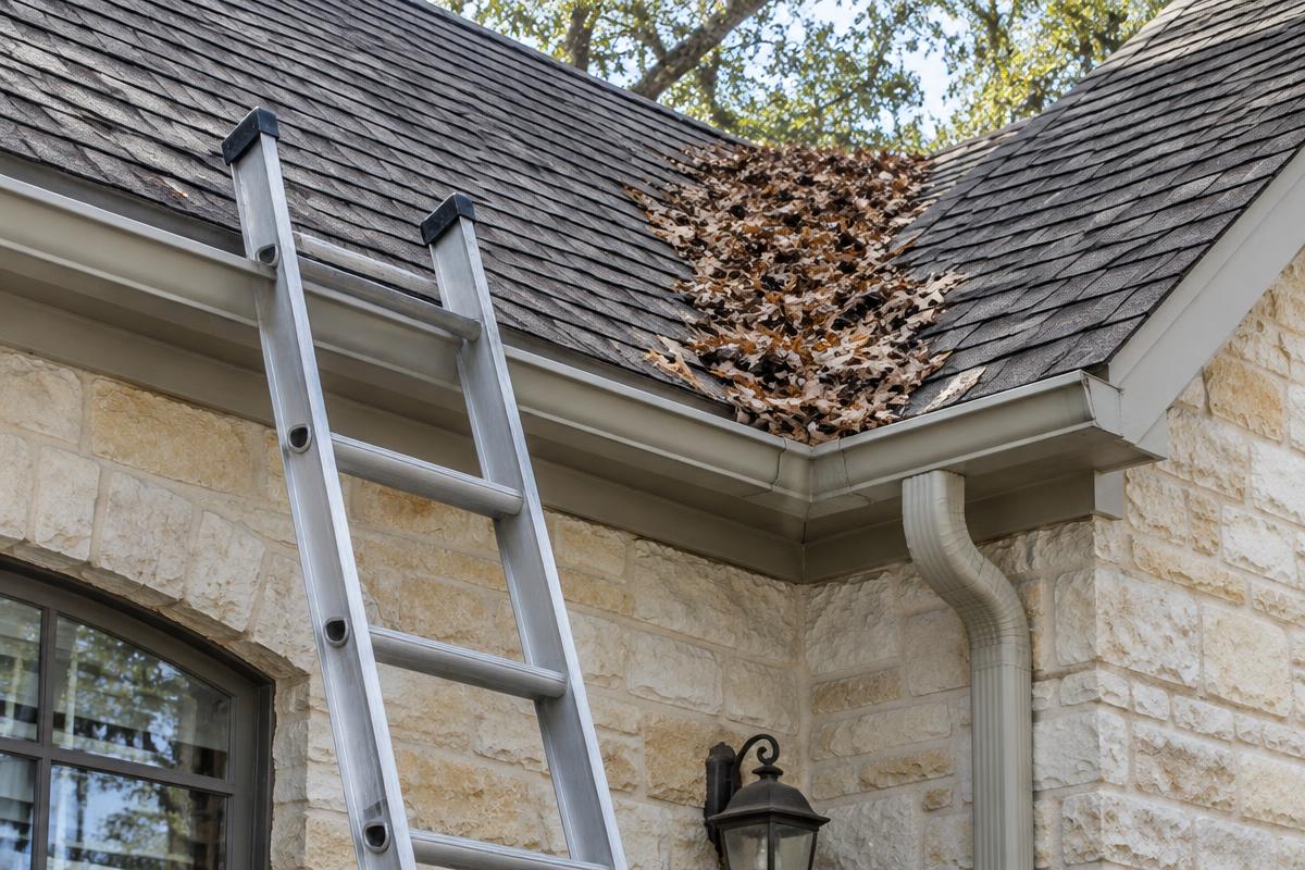 Oak leaves piled in a roof valley above a gutter on a limestone home