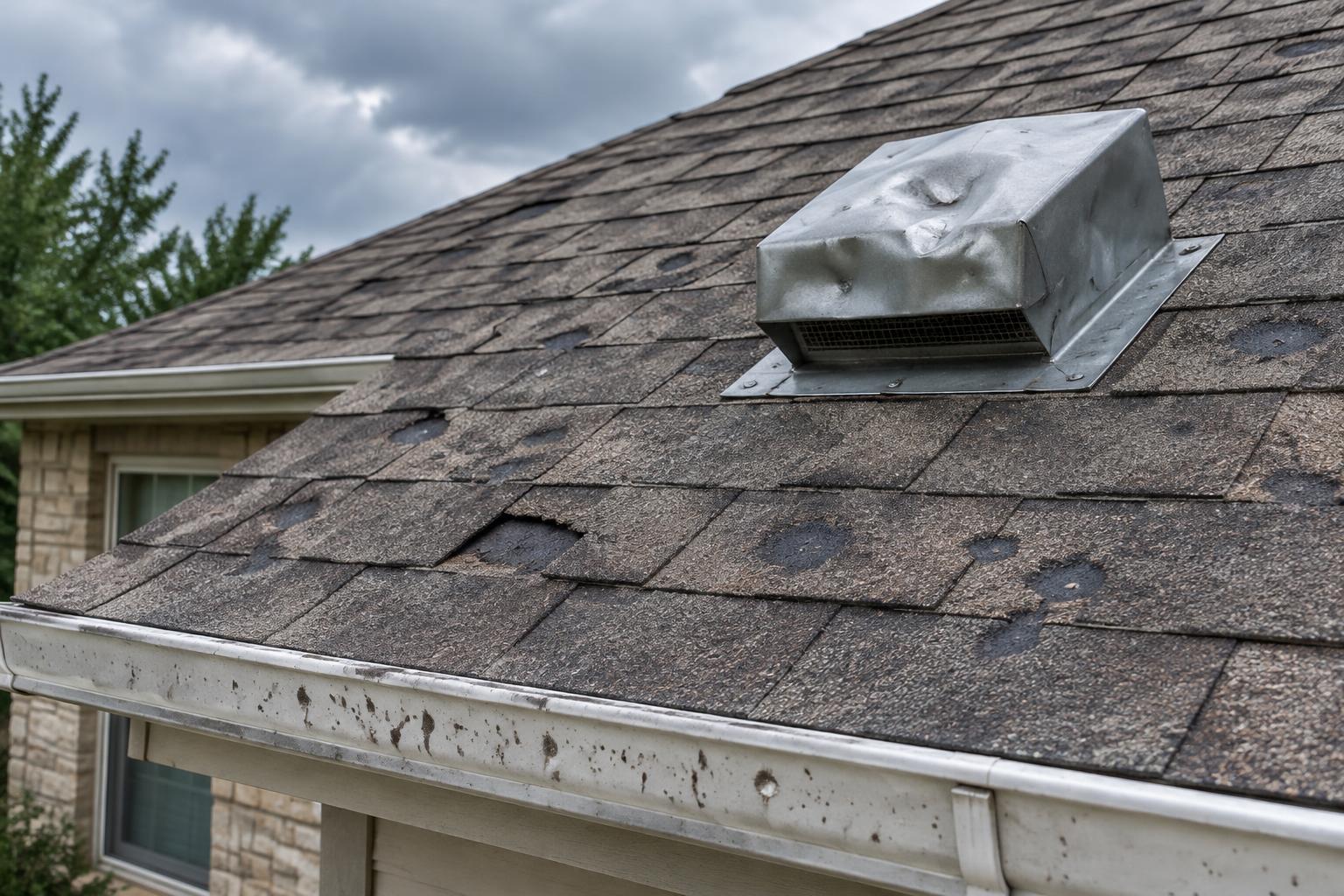 Cracked and missing asphalt shingles on a sloped roof