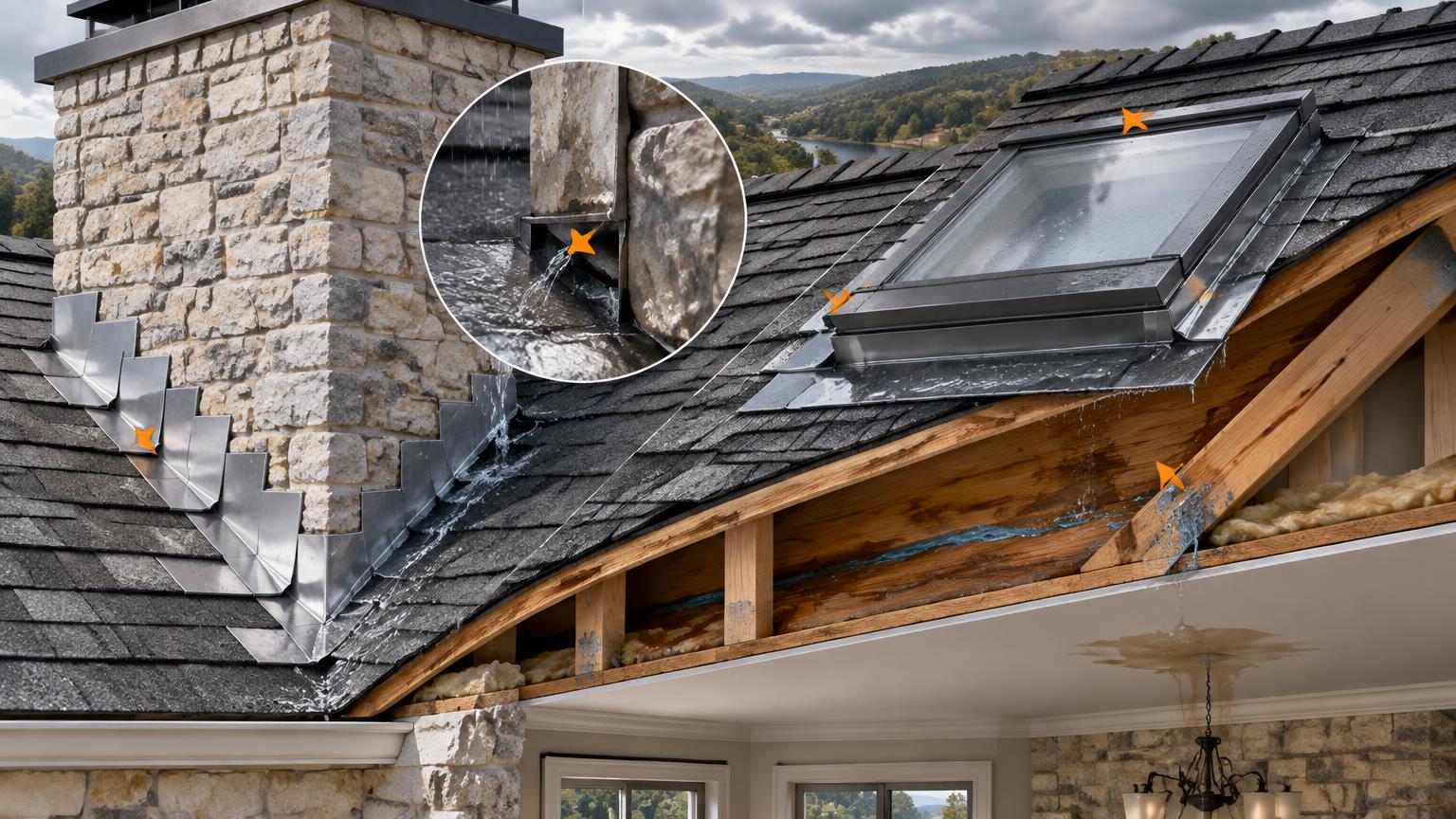 Diagram of water moving under flashing and along the roof deck